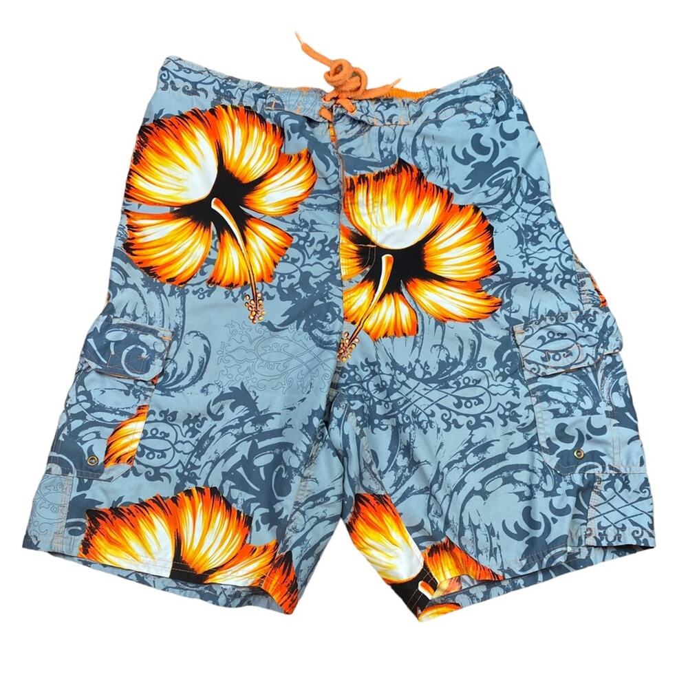 OP Swim Trunks Hibiscus Size Small Gray Orange
